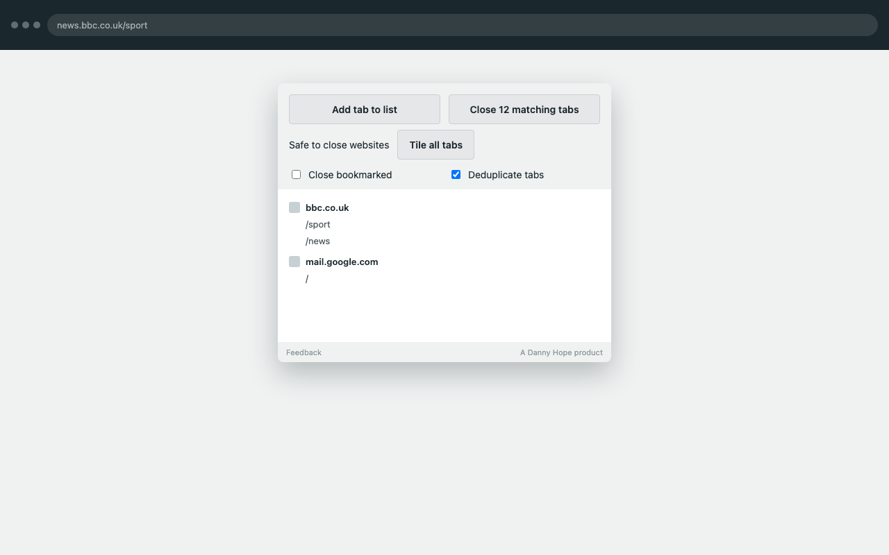 Auto-close tabs popup listing sites that are safe to close